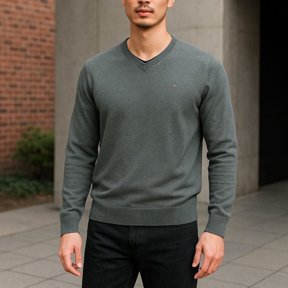 Tommy Hilfiger Jumper Tight Knit Melange V-Neck Pullover Sweater Gray Mens Large